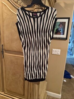 bebe Black and White Striped Knit Top with Pink Logo